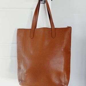 CUYANA Tall Structured Leather Zipper Tote, Pebbled Leather, Caramel